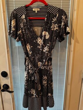 Monteau Black & White Floral Striped Mix Wrap Dress